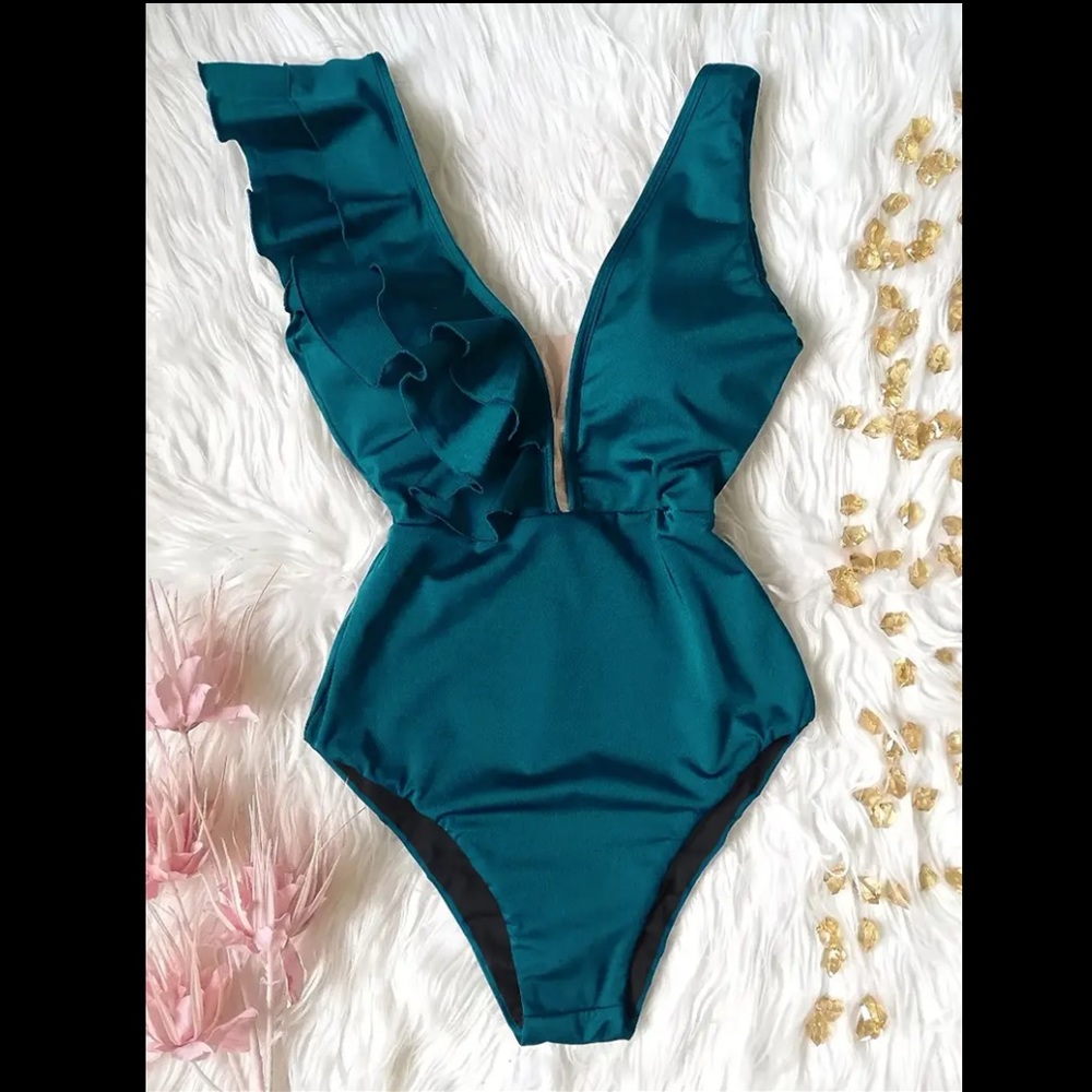 ‼️Final price Spain dancer 💃 style ruffle shoulder one piece swimsuit teal